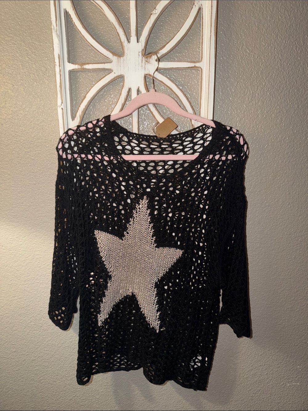 Black Open-Knit Star Sweater - Pink Star Accent